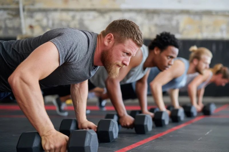 Athletes performing dumbbell push-ups in a gym