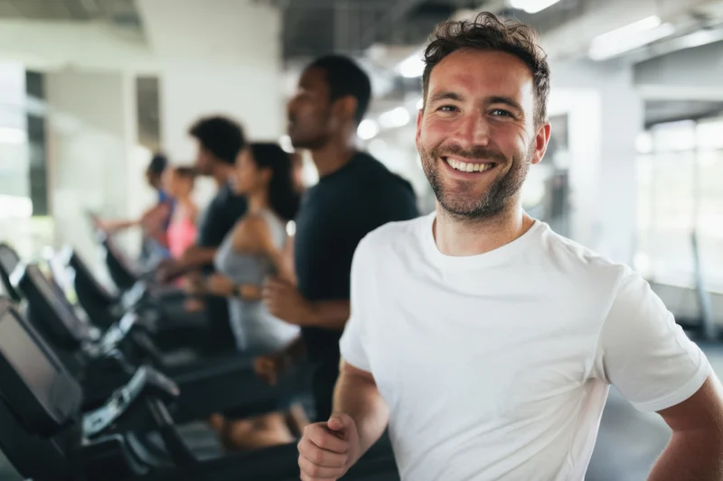 Man smiling while running on treadmill in gym with group behind him
