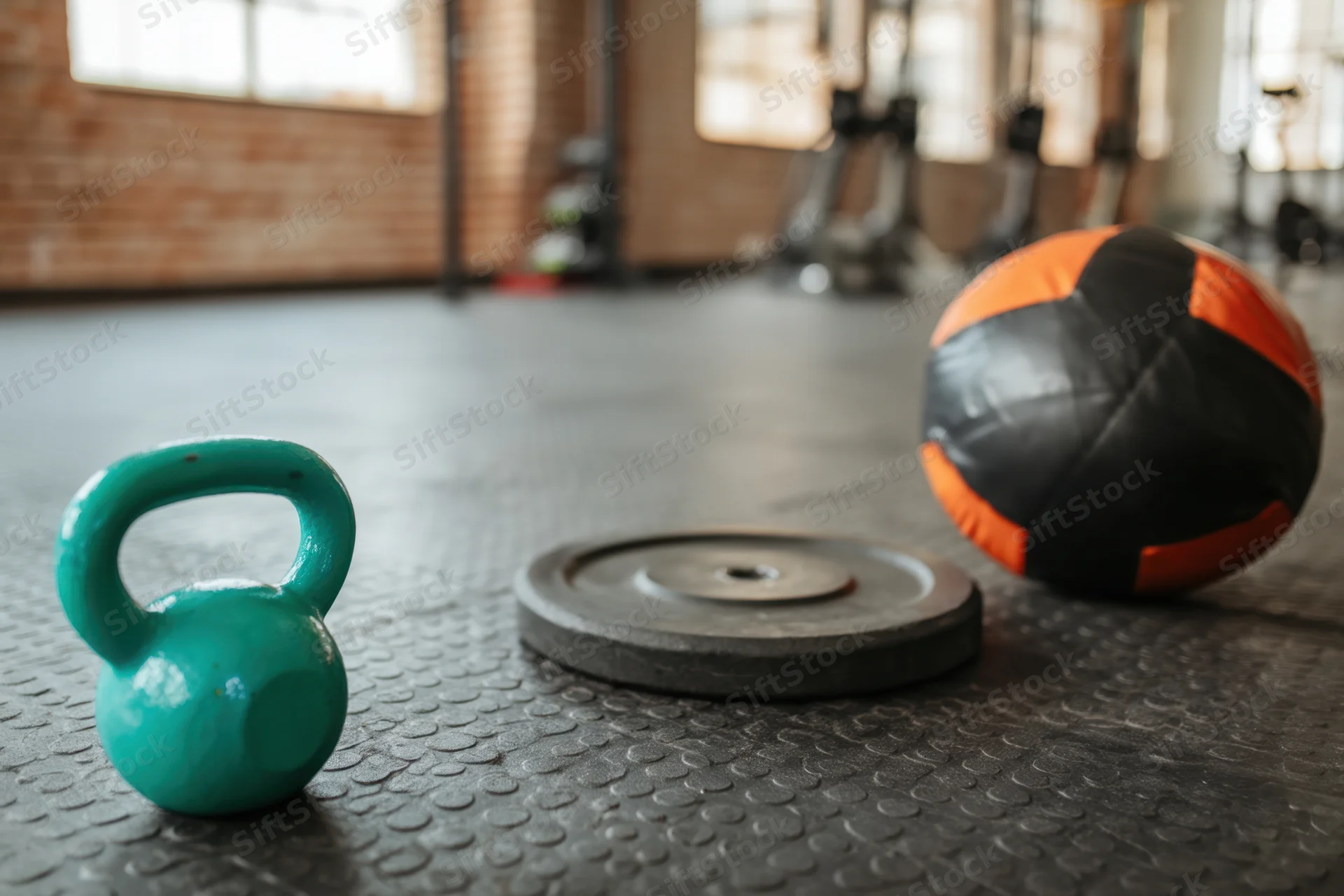 Teal kettlebell, barbell plate and orange medicine ball on textured gym floor