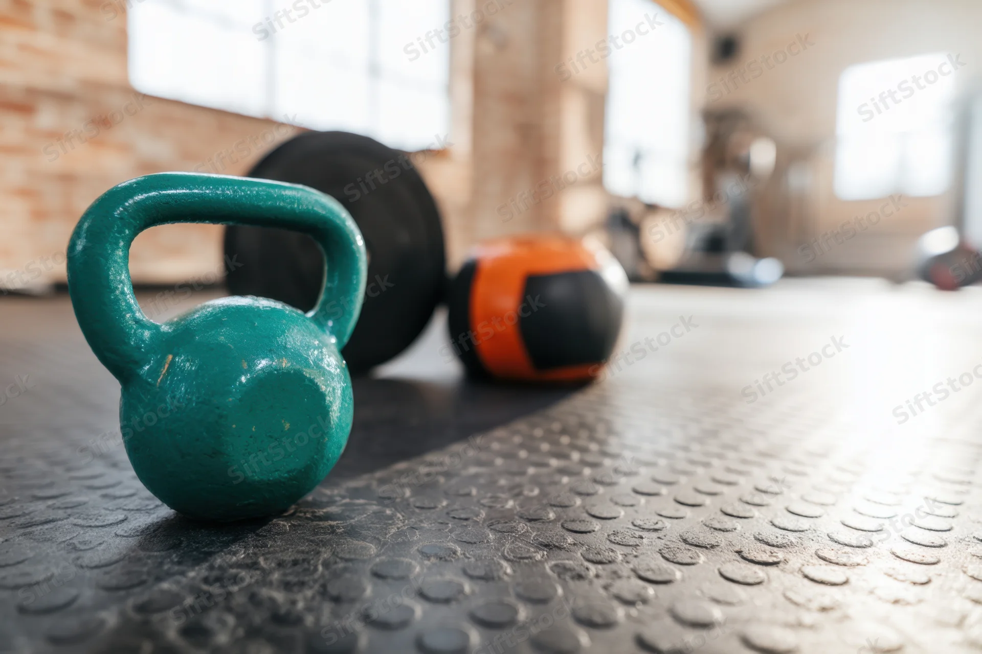 Teal kettlebell and barbell plate on textured rubber mat in gym with brick wall and window