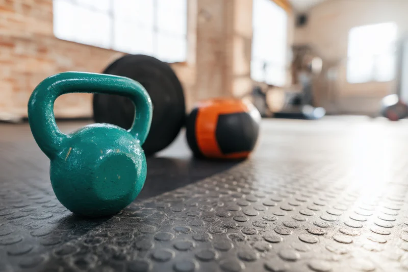 Teal kettlebell and barbell plate on textured rubber mat in gym with brick wall and window