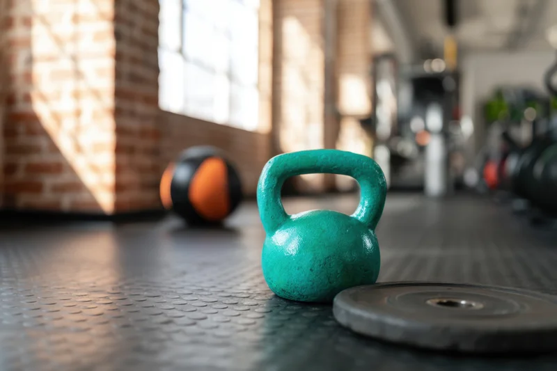 Teal kettlebell and barbell plate on textured gym floor near brick wall and window