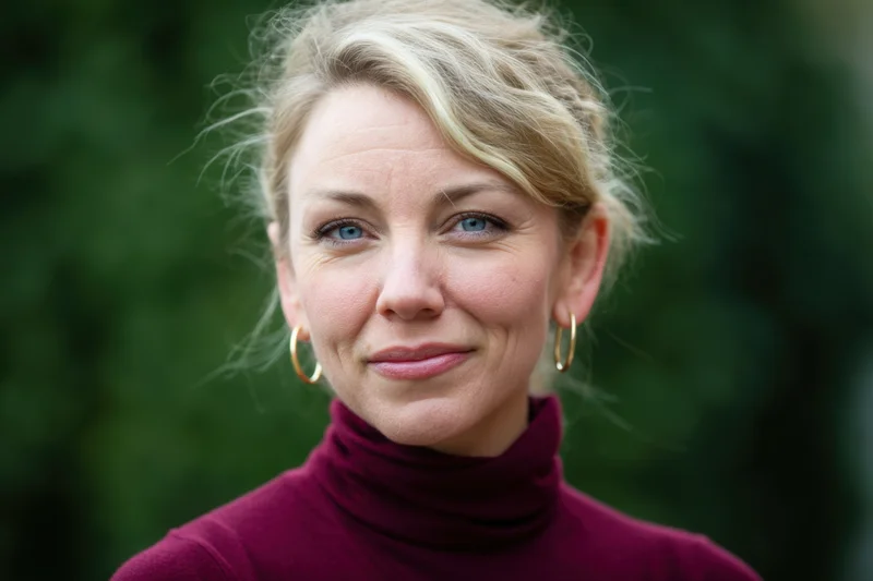 Woman with blonde hair smiling in a maroon turtleneck outdoors
