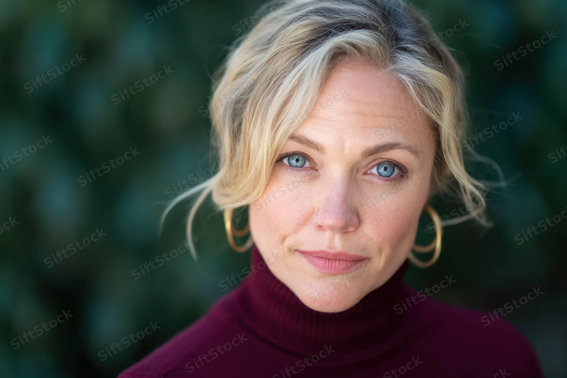 Woman with blonde hair and blue eyes wearing a maroon turtleneck and gold hoop earrings outdoors
