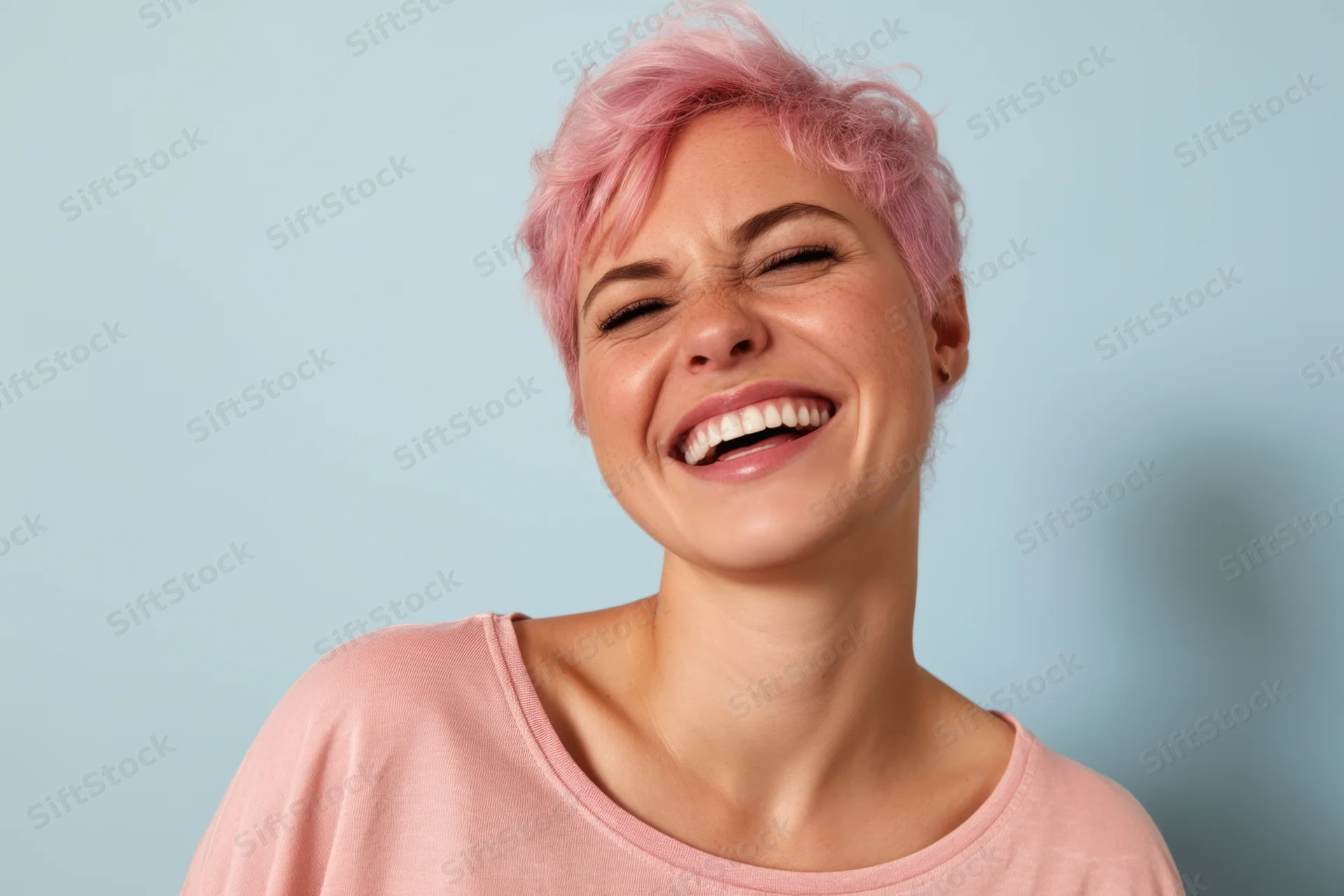 Woman laughing with short pastel pink hair against light blue background