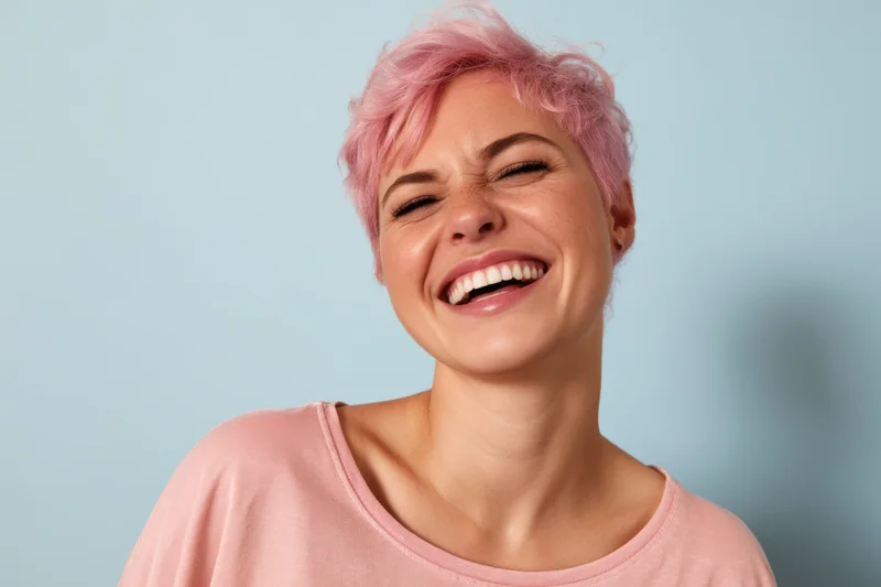 Woman laughing with short pastel pink hair against light blue background