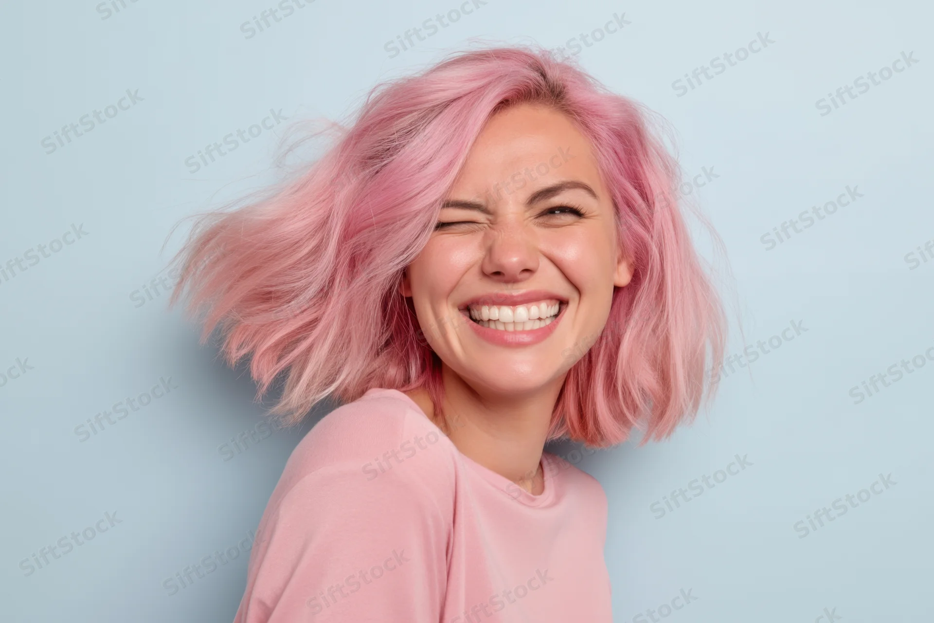 Woman with pastel pink hair smiling joyfully in closeup portrait against light blue background