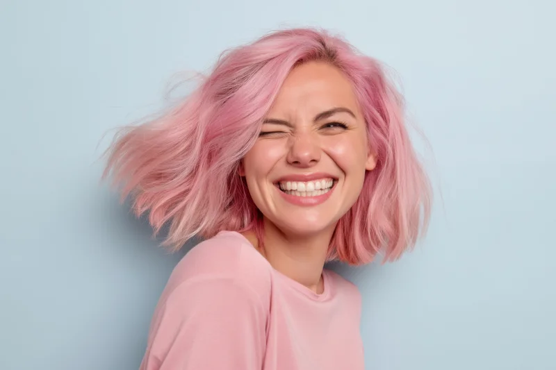 Woman with pastel pink hair smiling joyfully in closeup portrait against light blue background