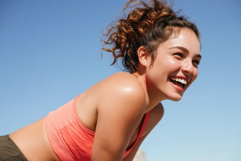 Woman smiling while leaning forward in coral athletic wear outdoors under blue sky