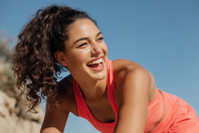 Woman smiling in coral athletic wear leaning forward outdoors under blue sky