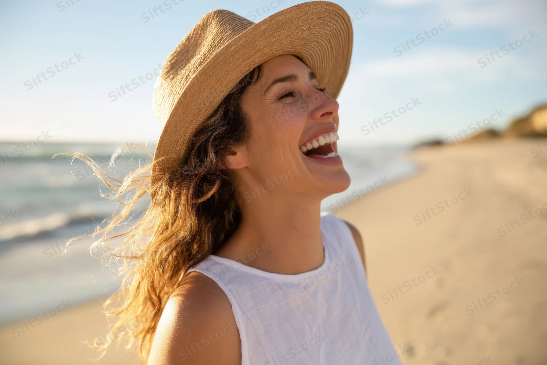 Woman laughing on a sunlit beach wearing a straw hat and white sleeveless top