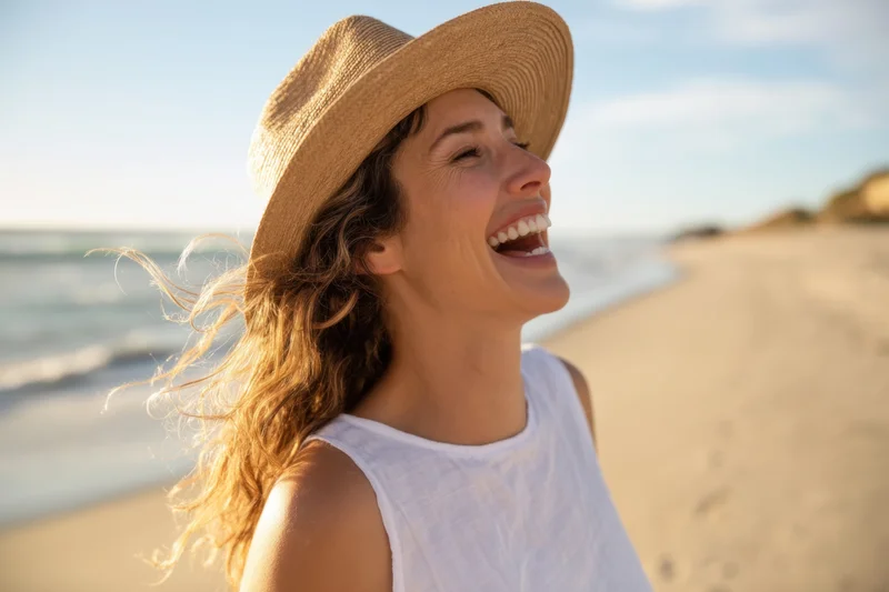 Woman laughing on a sunlit beach wearing a straw hat and white sleeveless top