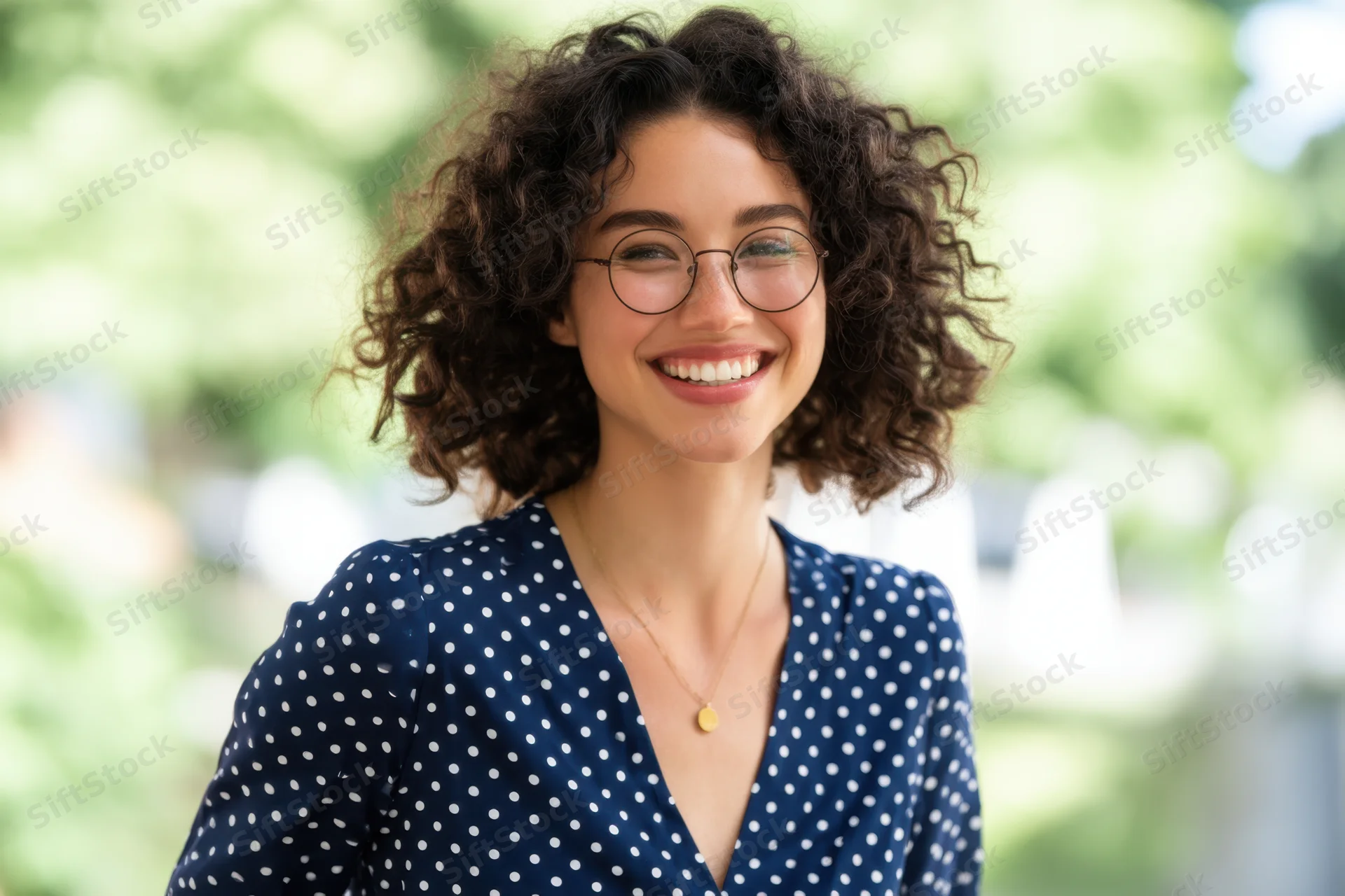 Smiling woman with curly hair and round glasses wearing a blue polka dot blouse outdoors