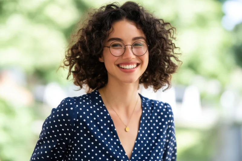 Smiling woman with curly hair and round glasses wearing a blue polka dot blouse outdoors