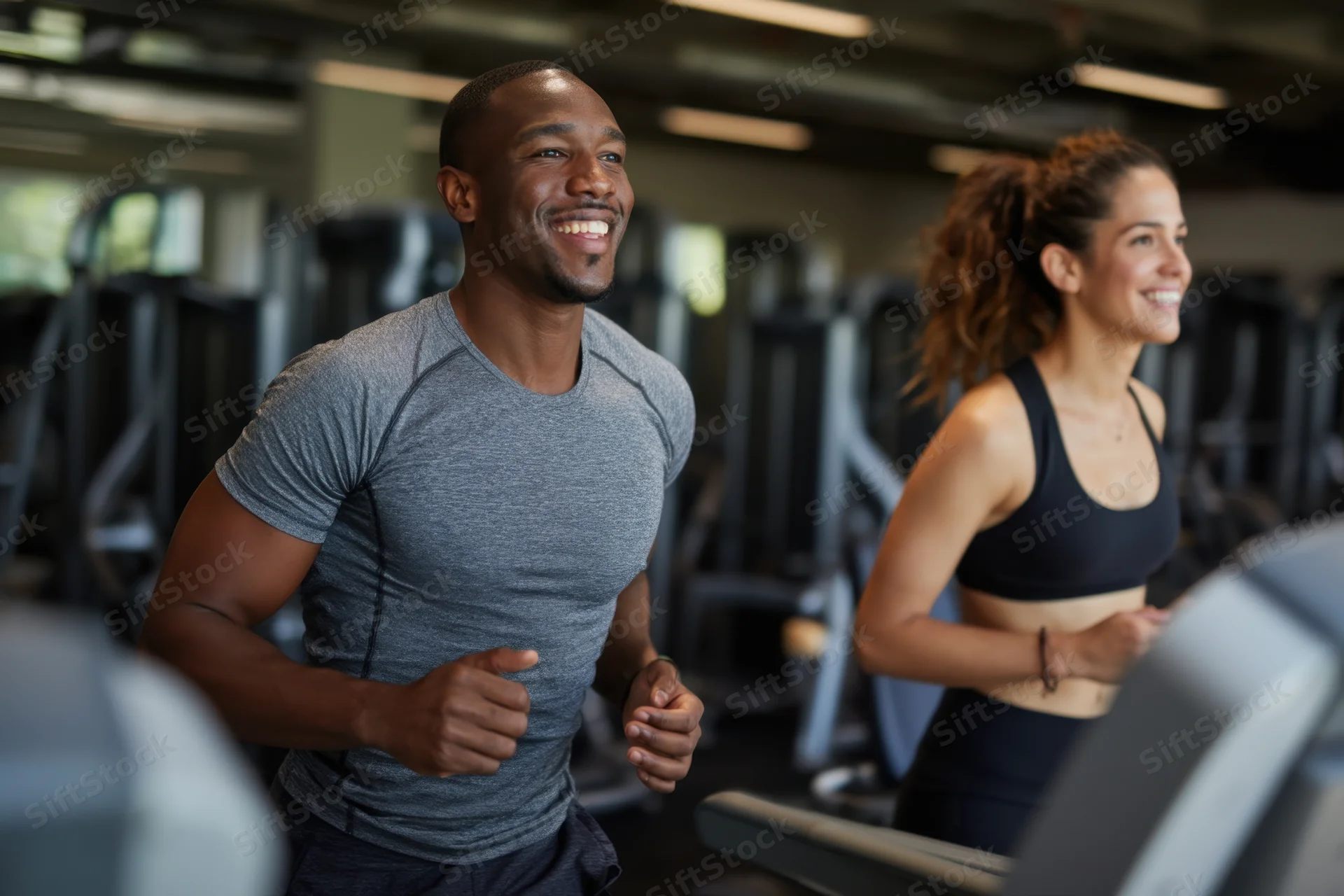 Man and woman jogging on treadmills in a gym smiling