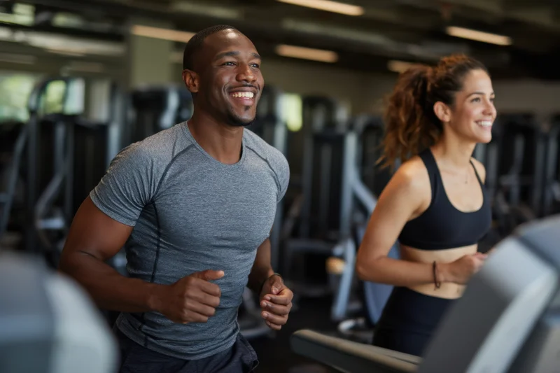 Man and woman jogging on treadmills in a gym smiling