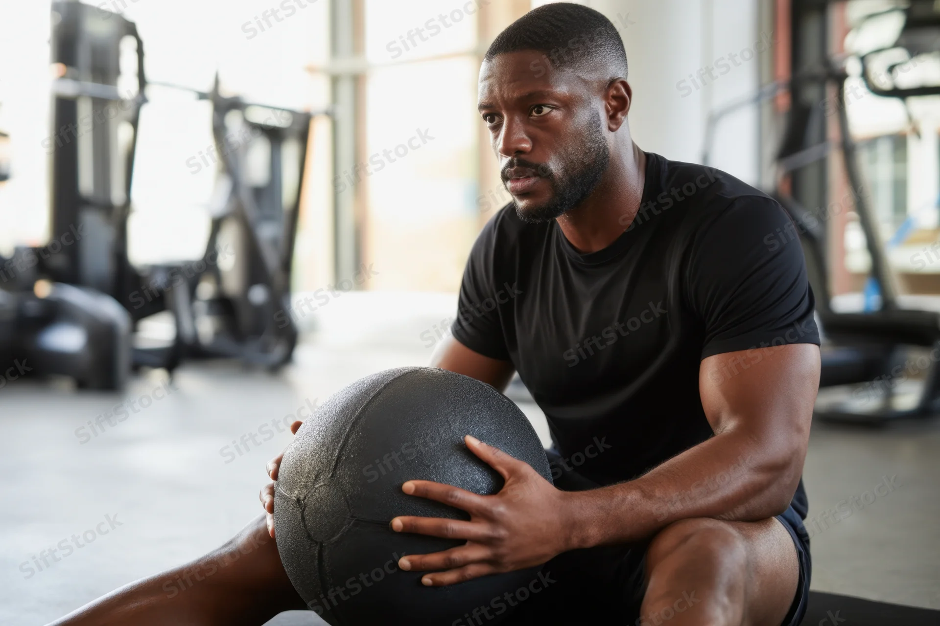 Man sitting on exercise mat holding medicine ball in gym