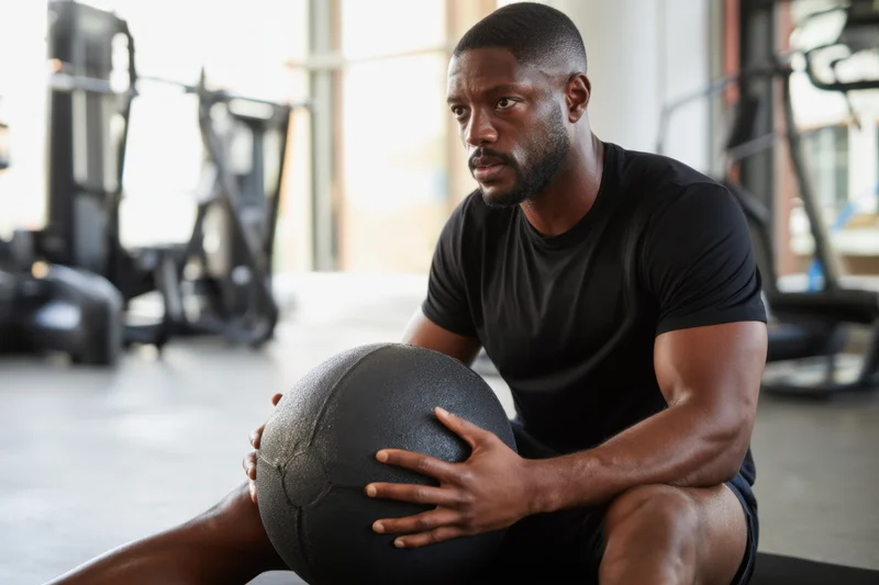 Man sitting on exercise mat holding medicine ball in gym
