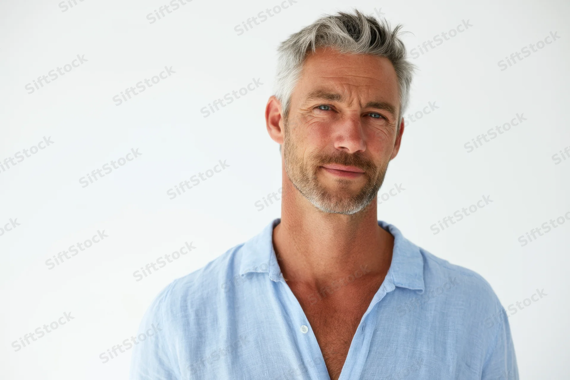 Mature man with salt-and-pepper hair and short beard smiling in light blue linen shirt against white background
