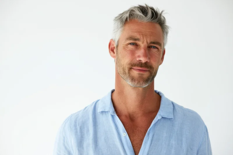 Mature man with salt-and-pepper hair and short beard smiling in light blue linen shirt against white background