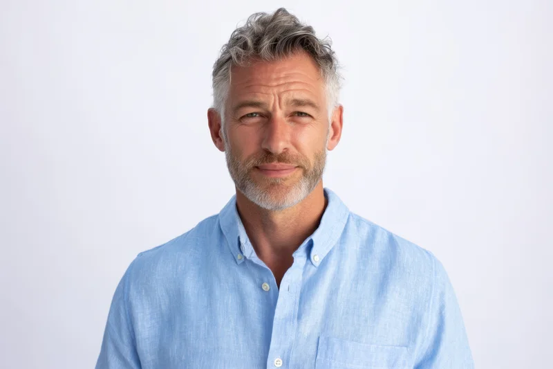 Mature man in blue button-down shirt looking directly at camera in studio setting