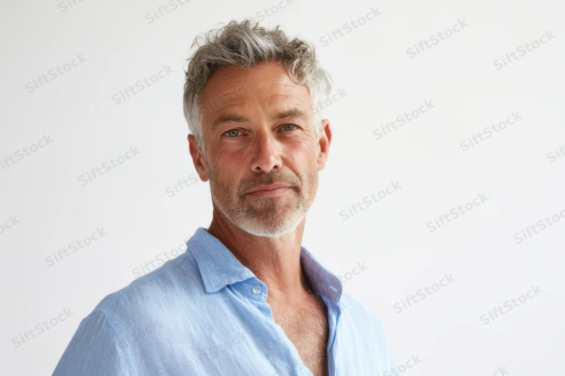 Mature man with salt-and-pepper hair and short beard wearing open blue shirt in studio portrait