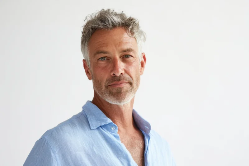 Mature man with salt-and-pepper hair and short beard wearing open blue shirt in studio portrait