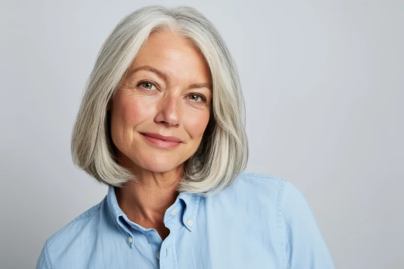 Mature woman with shoulder-length silver hair smiling in a light blue collared shirt against a neutral studio background