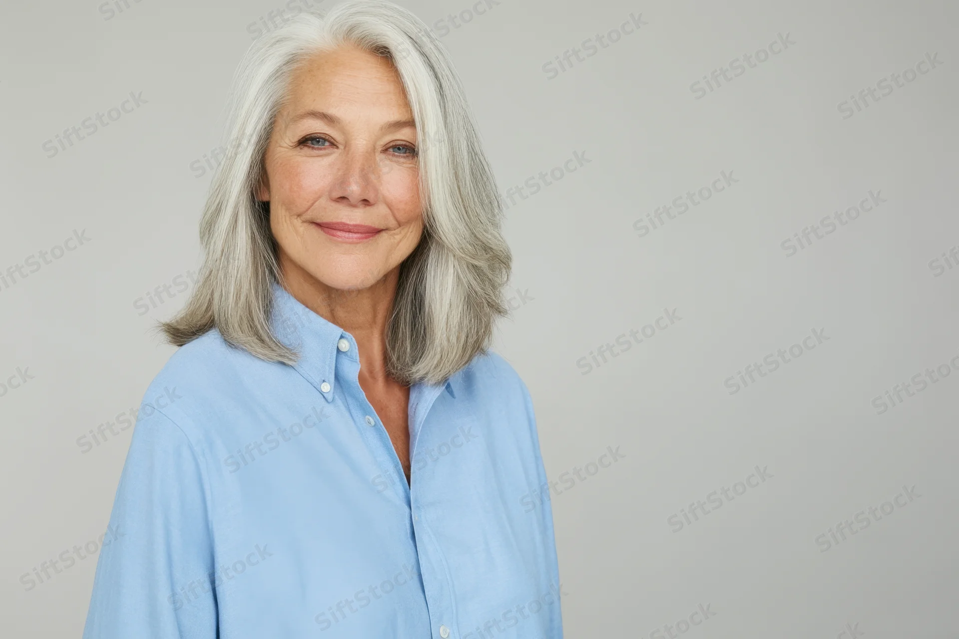 Senior woman with shoulder-length silver hair smiling in a light blue collared shirt against a plain background