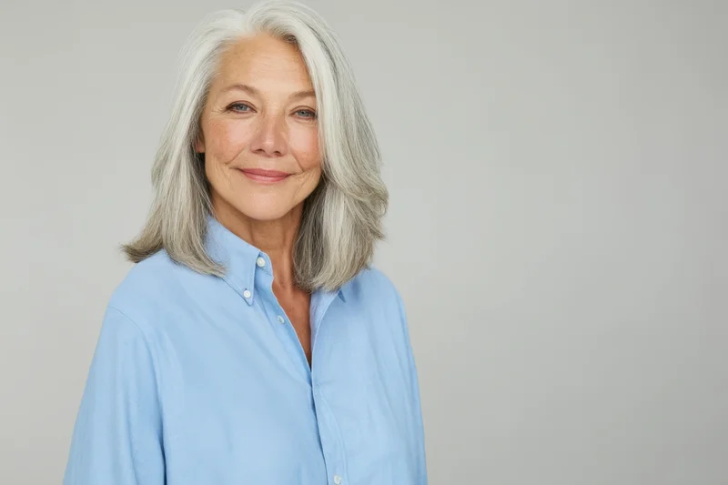Senior woman with shoulder-length silver hair smiling in a light blue collared shirt against a plain background