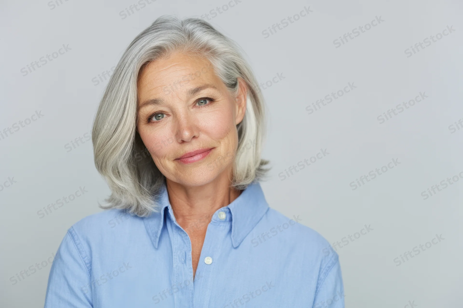 Mature woman with shoulder-length silver hair wearing a light blue collared shirt, looking directly at camera with a gentle smile in studio setting