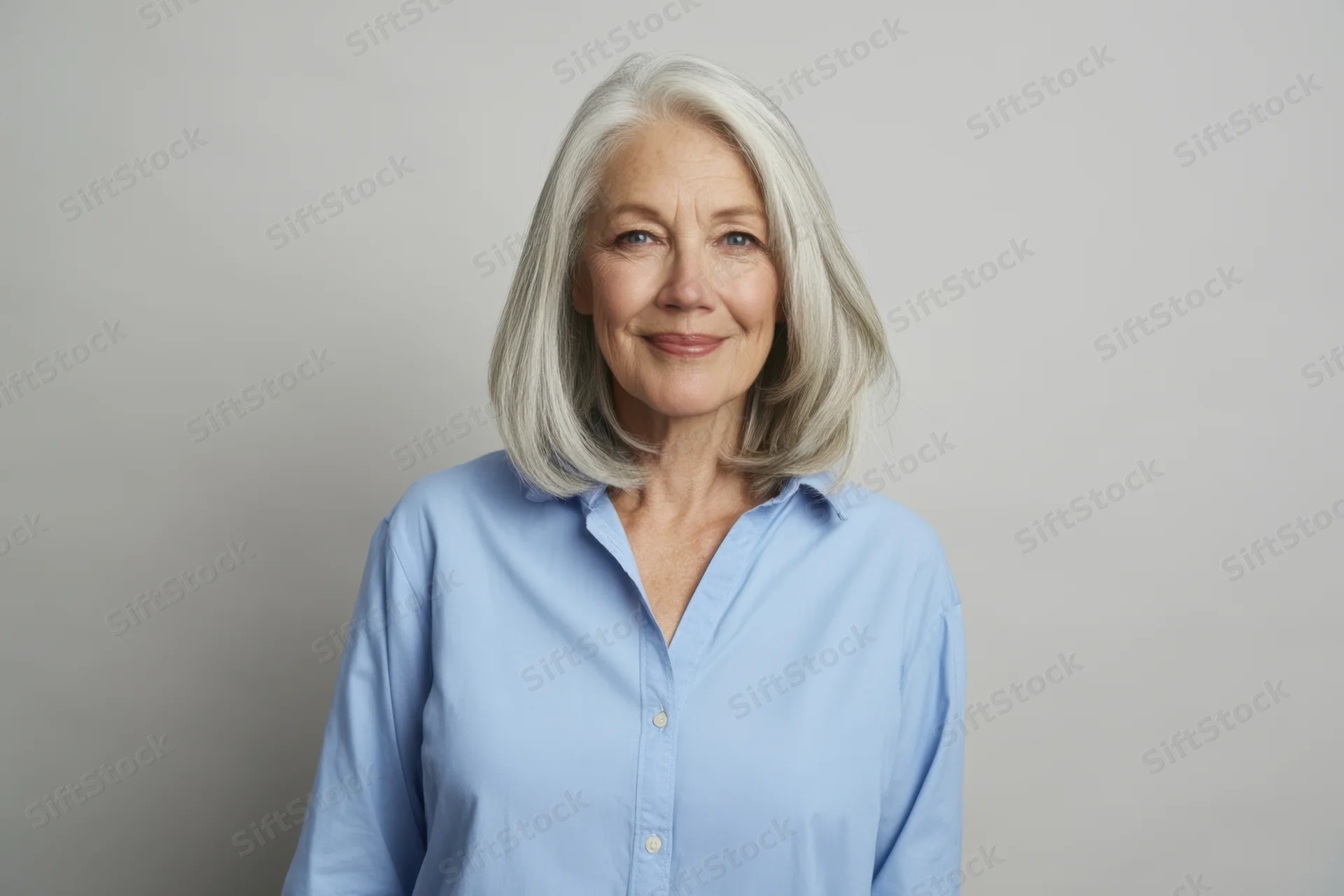 Senior woman with shoulder-length silver hair wearing a light blue button-up shirt, smiling calmly in a studio portrait setting