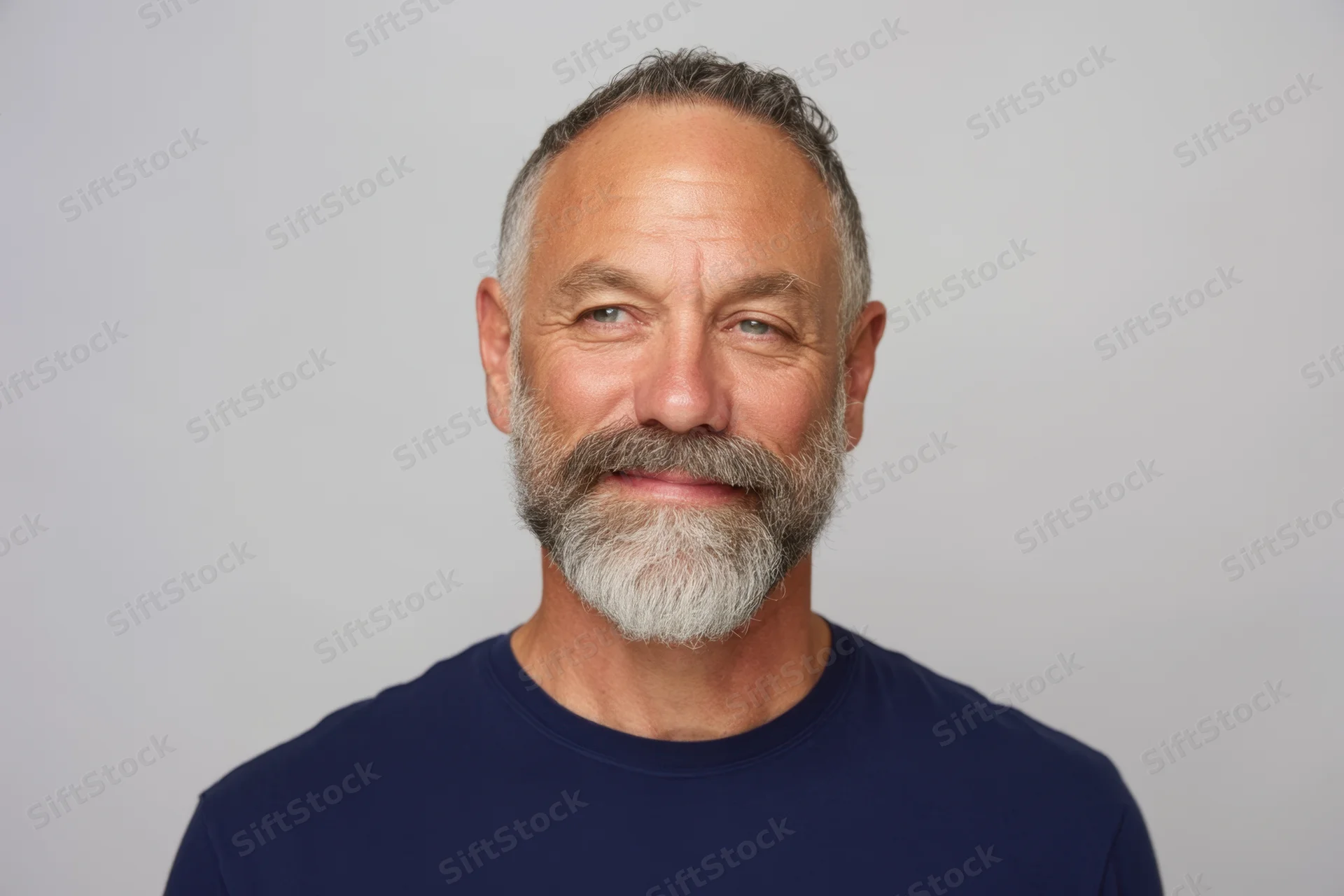Middle-aged man with salt-and-pepper beard smiling in navy t-shirt against white background