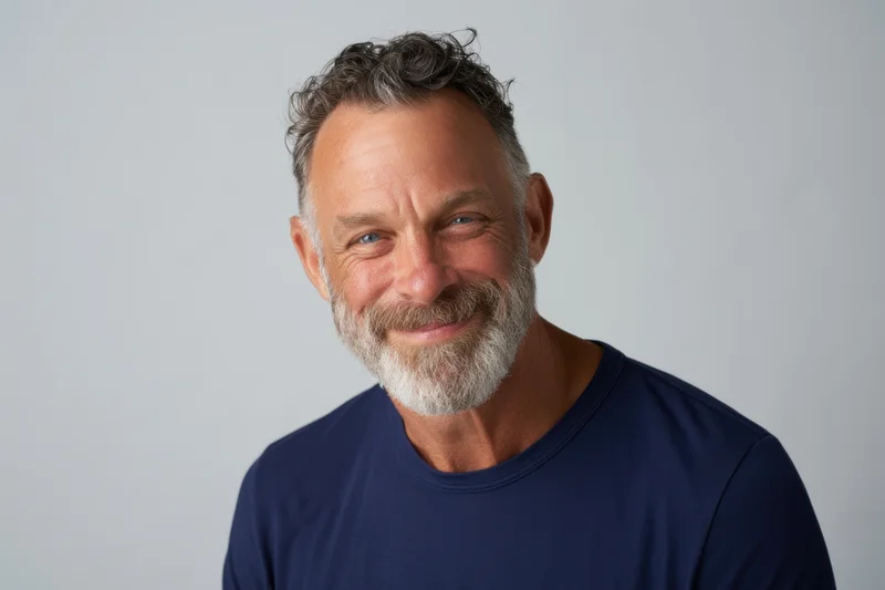 Middle-aged man with salt-and-pepper beard smiling in navy t-shirt against light gray background