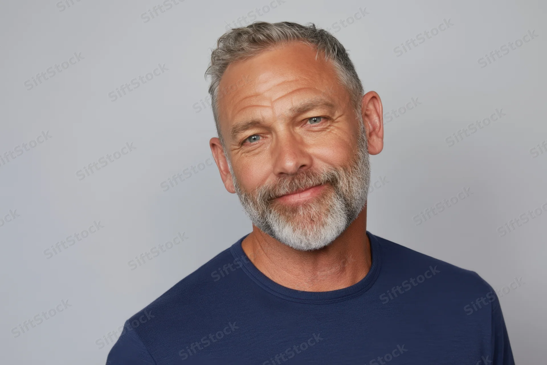 Middle-aged man with salt-and-pepper beard smiling in studio portrait wearing navy t-shirt