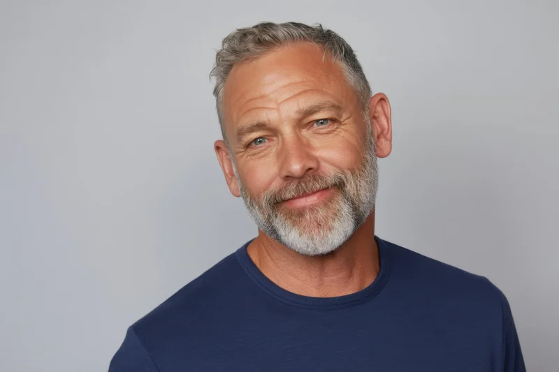 Middle-aged man with salt-and-pepper beard smiling in studio portrait wearing navy t-shirt