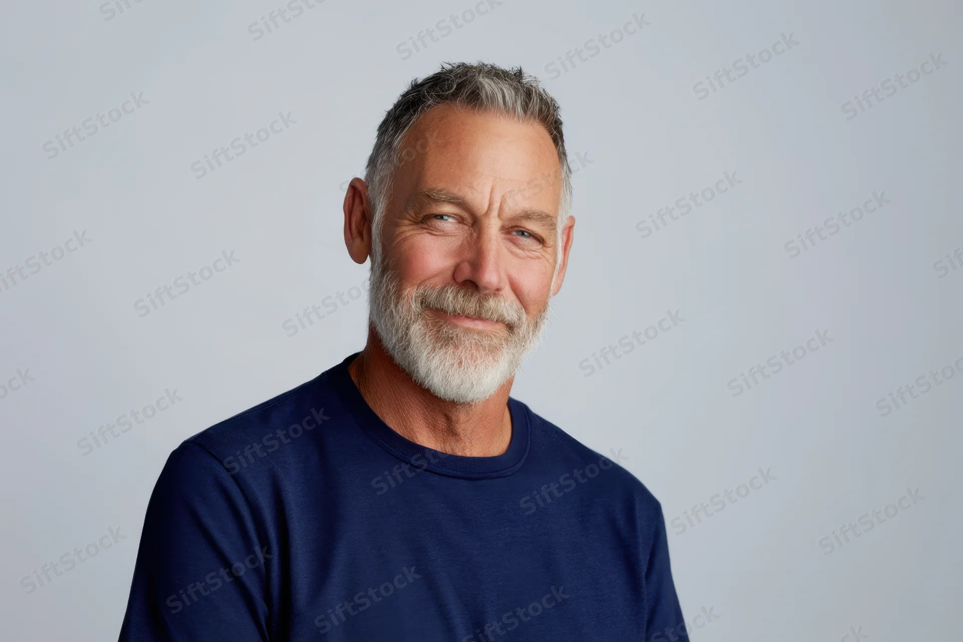Middle-aged man with salt-and-pepper beard smiling in navy t-shirt against light gray background