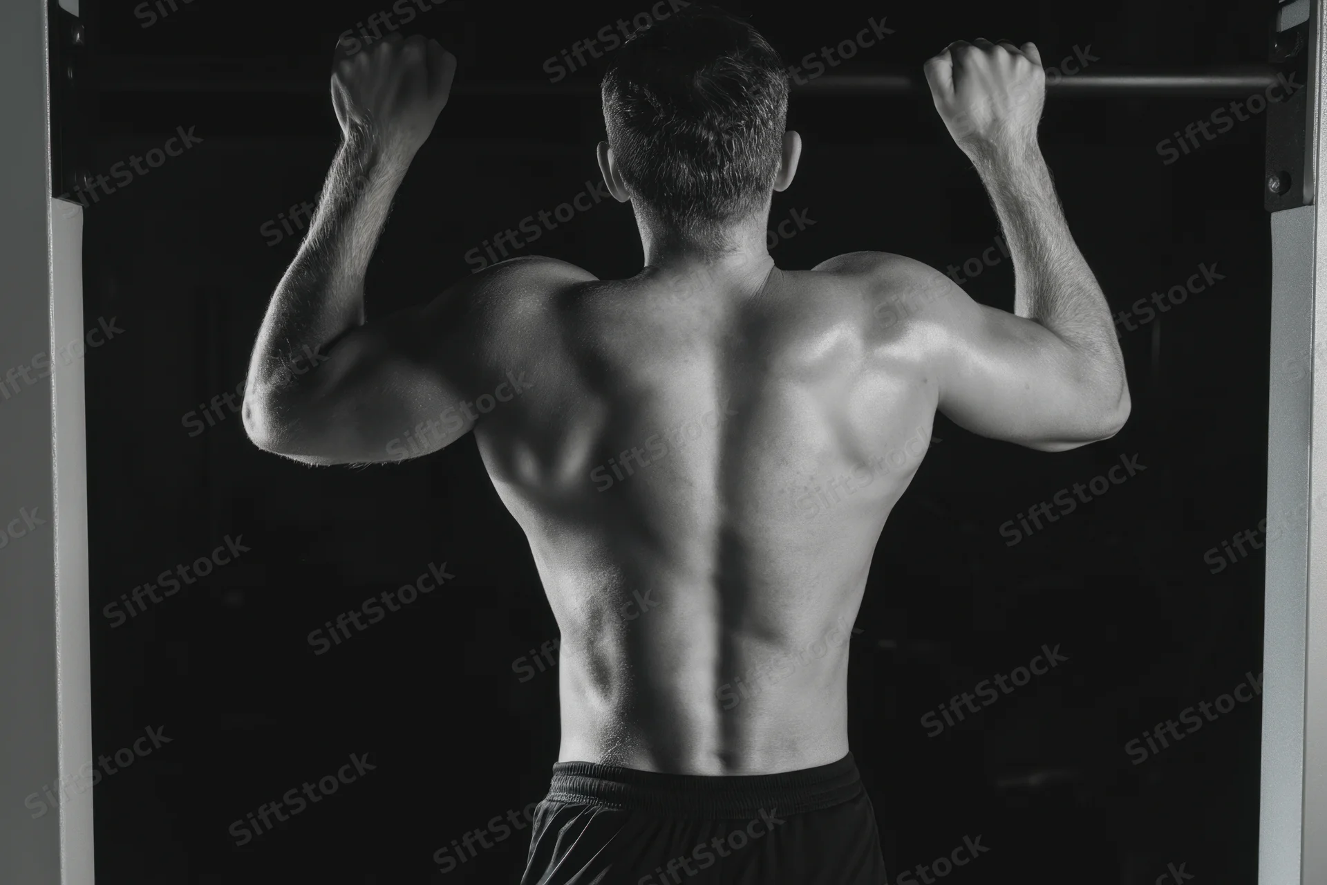 Muscular man hanging from pull-up bar in dark gym showing back and arms