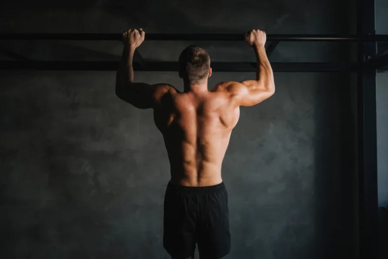 Muscular man performing pullup on bar in dark gym