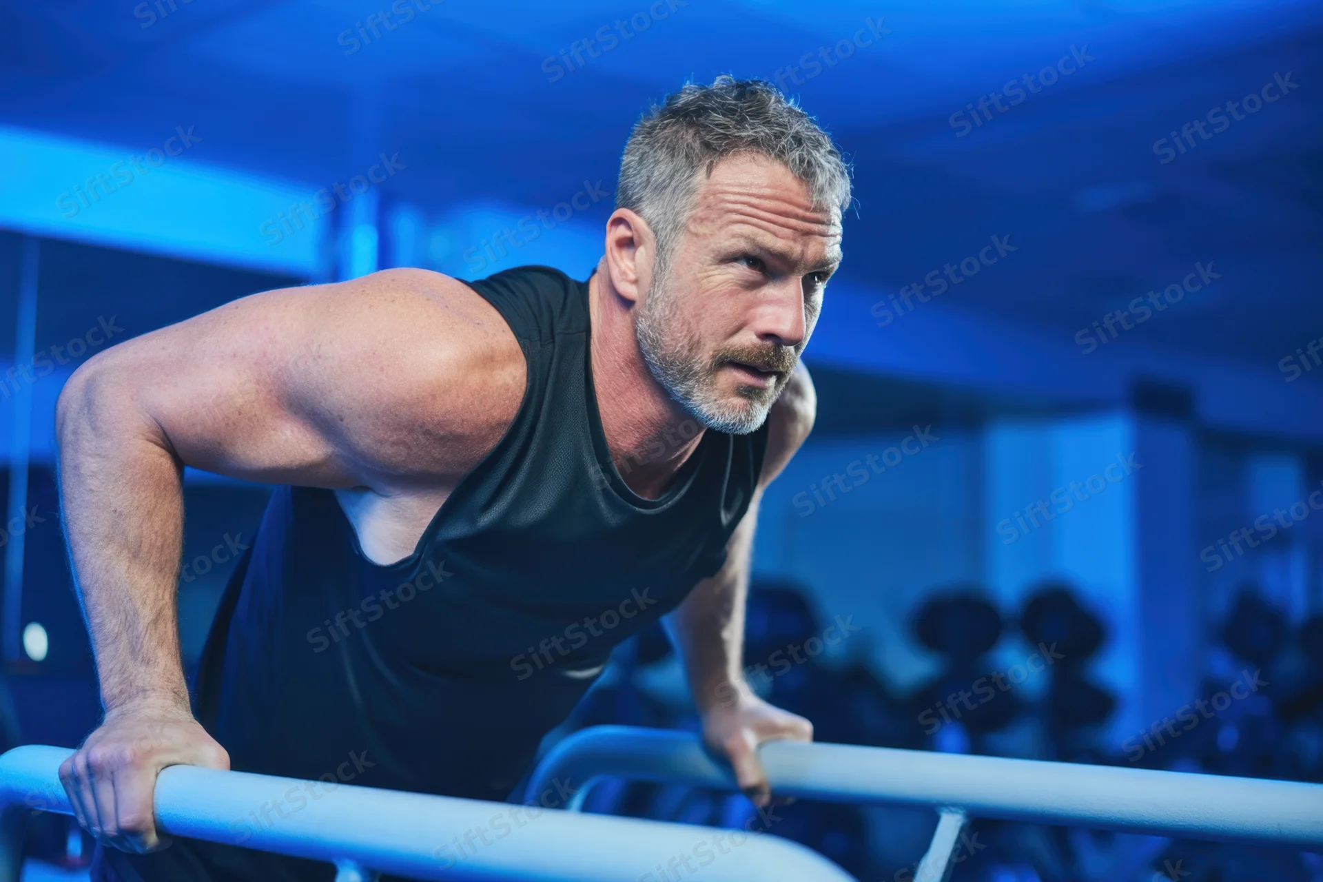 Muscular man performing pushups on parallel bars in a gym