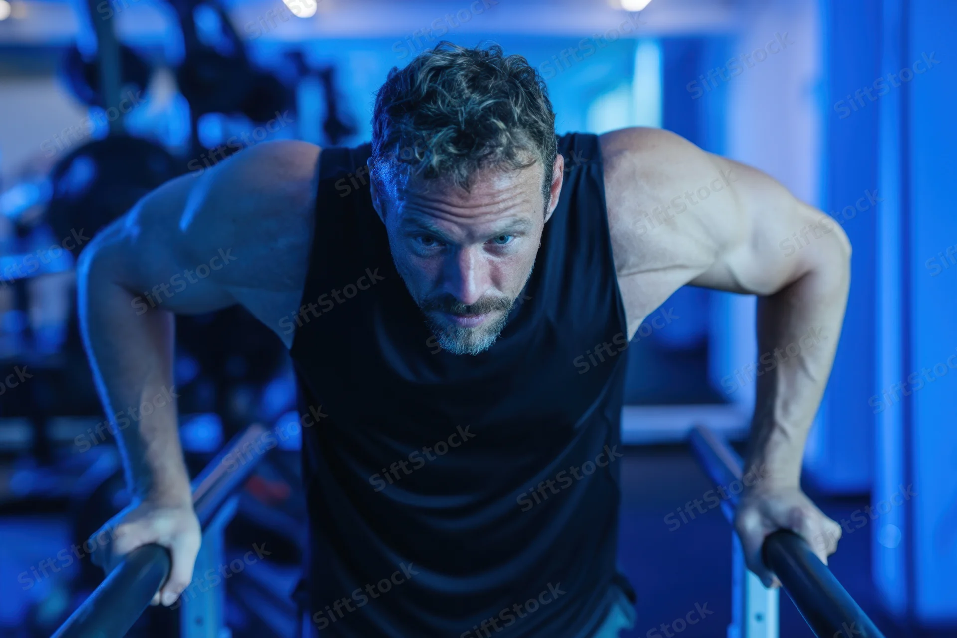 Muscular man performing pushups on parallel bars in a gym