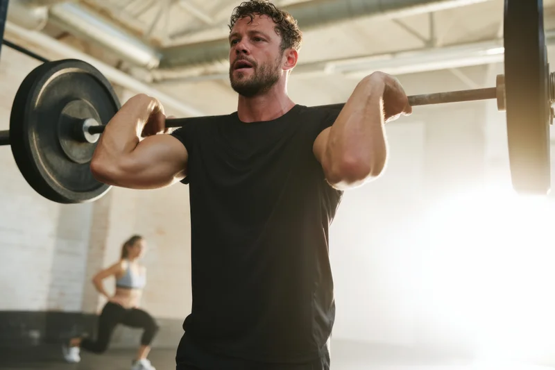 Man lifting barbell in gym with woman exercising in background