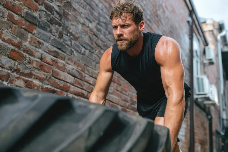 Muscular man pushing a large tire outdoors against a brick wall