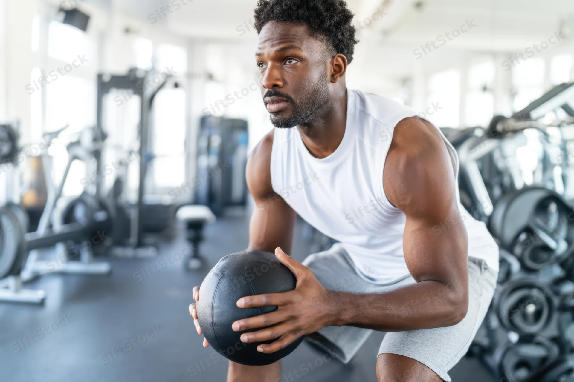 Muscular man holding medicine ball in squat position in gym