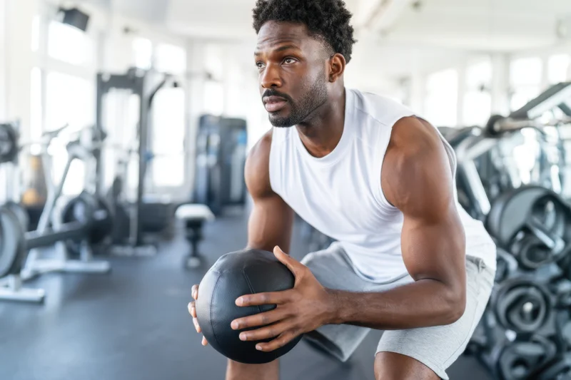 Muscular man holding medicine ball in squat position in gym