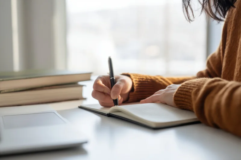 Woman writing in notebook at desk with laptop and books nearby