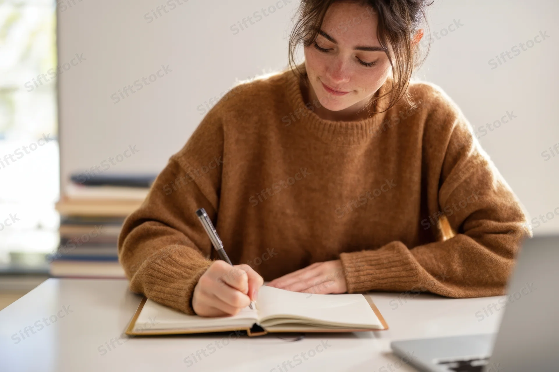 Woman writing in notebook at desk with laptop and books nearby