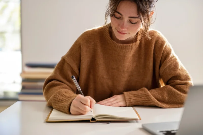 Woman writing in notebook at desk with laptop and books nearby