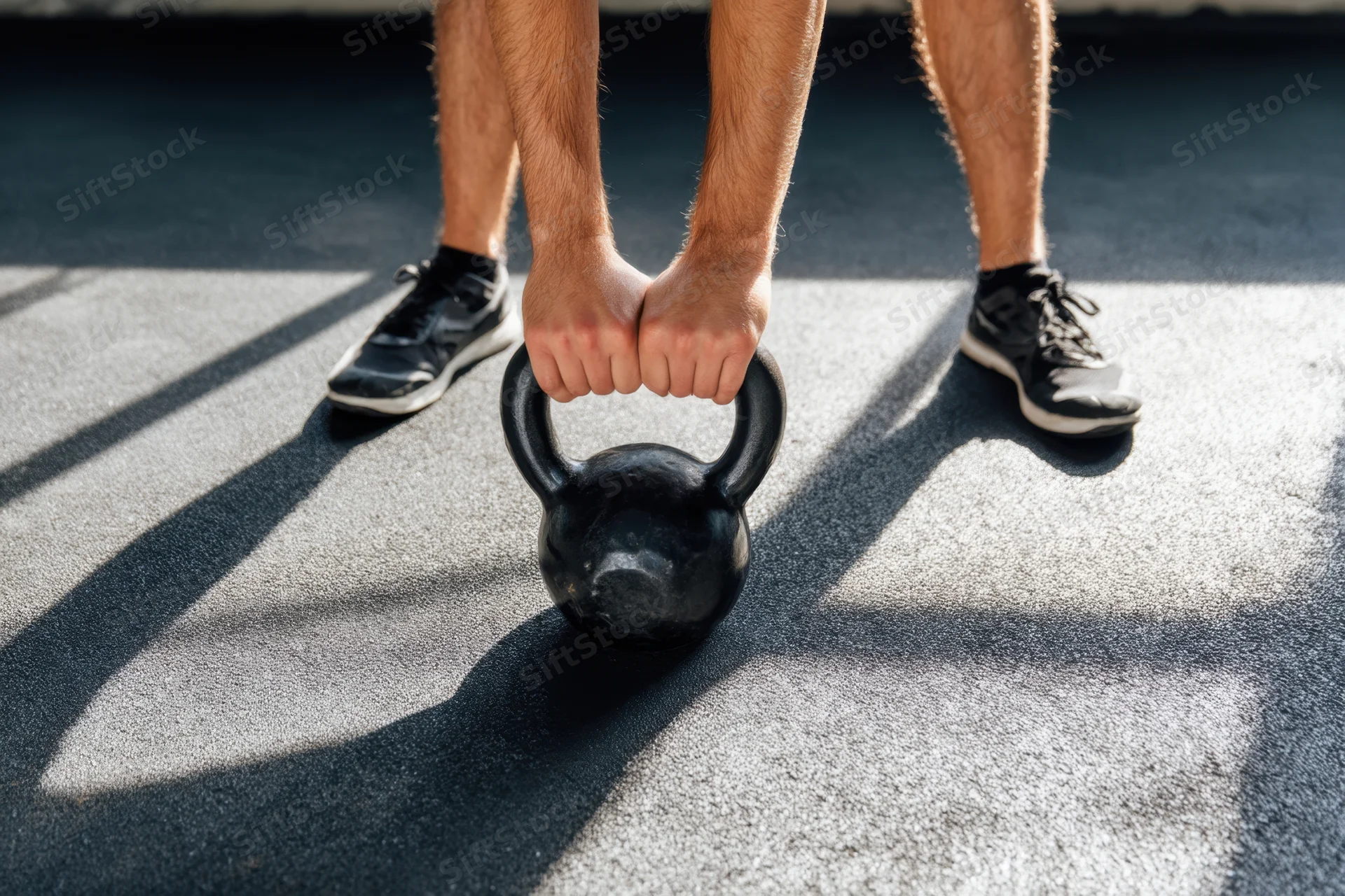 Man gripping kettlebell with both hands during outdoor workout on rubber flooring