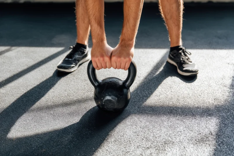 Man gripping kettlebell with both hands during outdoor workout on rubber flooring